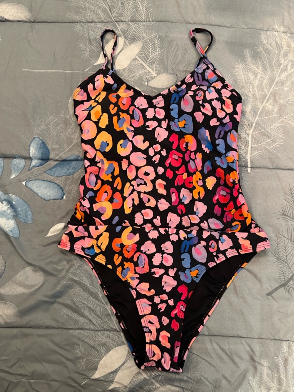 NWTS Cupshe Black One-Piece Swimsuit with Pink, Orange & Blue Leopard Print Sz M